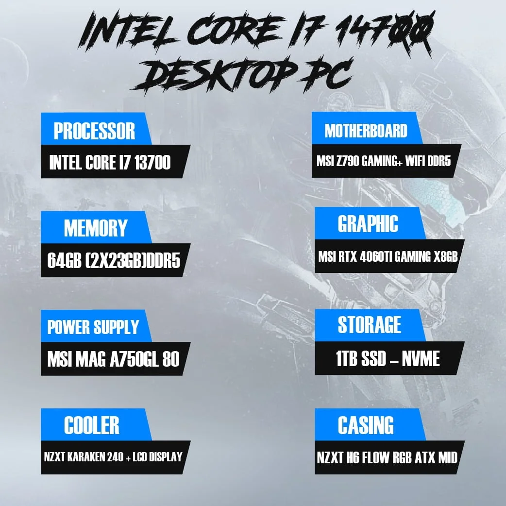 Intel Core I7 14700F DESKTOP COMPUTER DDR4 64GB RAM 1TB SSD – NVME NZXT H6 FLOW RGB ATX MID - Image 2