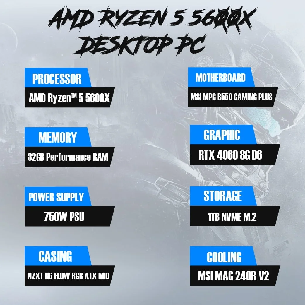 AMD Ryzen™ 5 5600X (RAM) – 32GB SSD – 1TB NVME M.2 NZXT H6 FLOW RGB ATX MID - Image 2