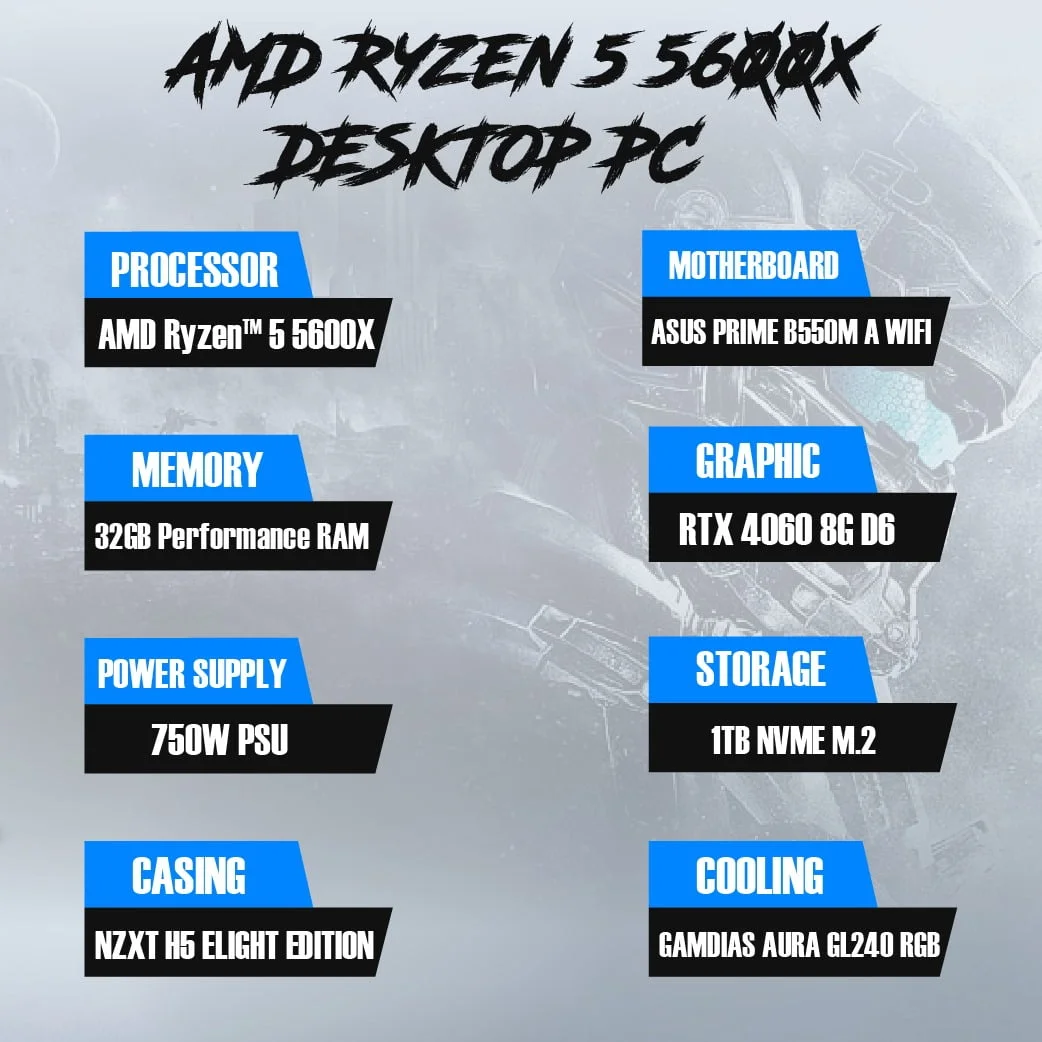 AMD Ryzen™ 5 5600X (RAM) – 32GB SSD - 1TB NVME M.2 NZXT H5 ELIGHT EDITION - Image 2